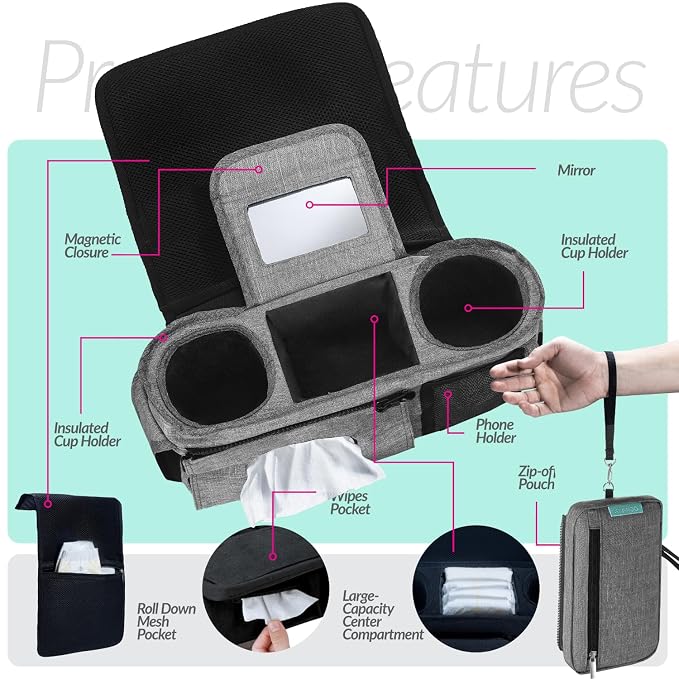 Swanoo Stroller Caddy Organizer, Cup Holder, Wipes Pocket, Non-Slip, Grey