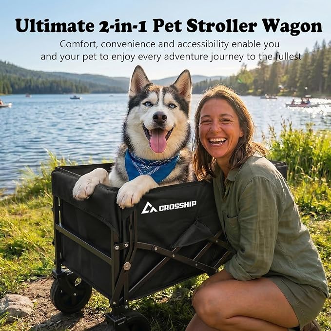 Folding Pet Wagon for Dogs - with Drop-Down Tailgate & Pet Pad | 330lbs Heavy Duty Dog Cart, All-Terrain Collapsible Wagon for Beach, Shopping & Camping, for 1 Medium or 2 Small Puppies