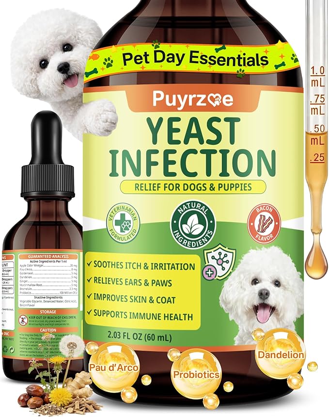 puyrzoe Natural Yeast Infection Treatment for Dogs, Itchy Ears, Skin, Paws & Allergy Relief, Yeast Treatment for Dogs, Supports Gut & Immune Health, Reduces Itching, Irritation & Inflammation, 60ml