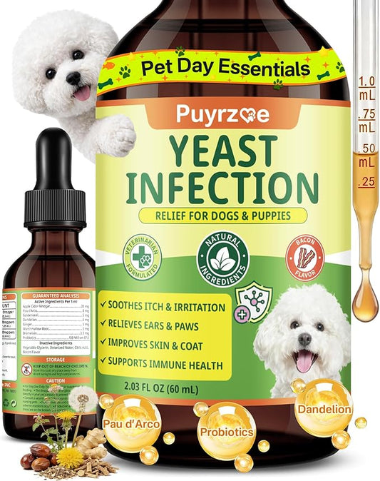 puyrzoe Natural Yeast Infection Treatment for Dogs, Itchy Ears, Skin, Paws & Allergy Relief, Yeast Treatment for Dogs, Supports Gut & Immune Health, Reduces Itching, Irritation & Inflammation, 60ml