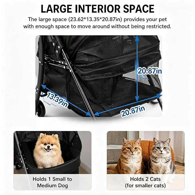 Foldable Pet Cart for Small to Medium Dogs & Cats, 10-40lbs Capacity Lightweight Travel Pet Stroller (Black)