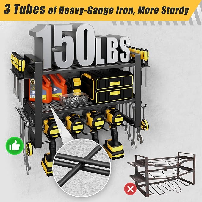 Power Tool Organizer Wall Mount, 150LBS Capacity, 3 Tier, 4 Drill Holders | 3-Tube Reinforced Design, Holds 50+ Tools, Cordless Tool Organizer, Rust Resistant, Quick Assembly, Garage Gift for Men