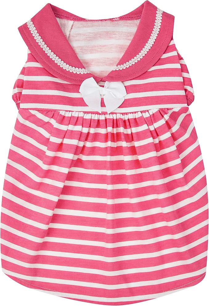 Blueberry Pet Sea Lover Rose Pink Striped Cotton Blend Dog Dress with Bowtie, Back Length 16", Pack of 1 Clothes for Dogs