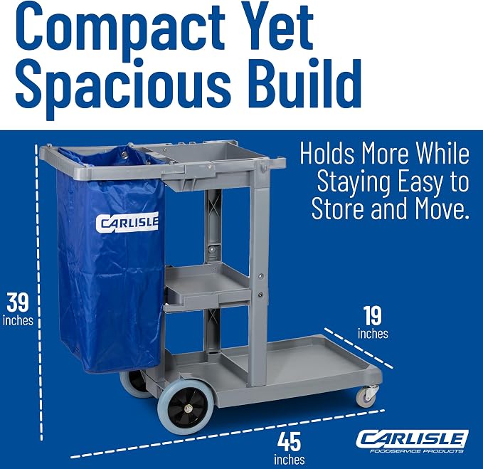 Carlisle FoodService Products Janitorial Cart with 25 Gal Bag, Gray | Short Platform, 3 Shelves, Polyethylene, Broom Holders and Hooks, Non-Marking Wheels, Mop Bucket Platform