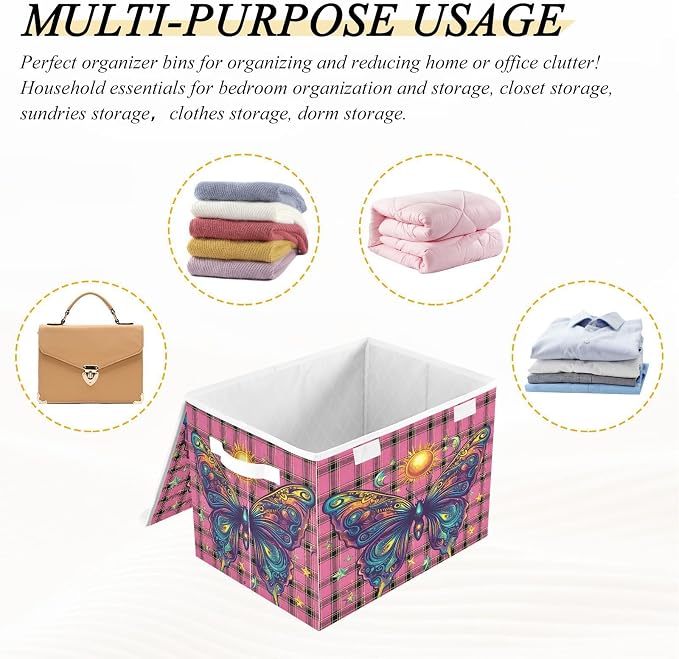 Fabric Storage Bins with Lid Butterfly Closet Bedroom 40L Storage Basket | Decorative Storage Boxes, 300D Oxford Cloth, Hollow Board Frame, Flip Top Velcro Lid, 16.5x12.6x11.8 inch, Collapsible Design