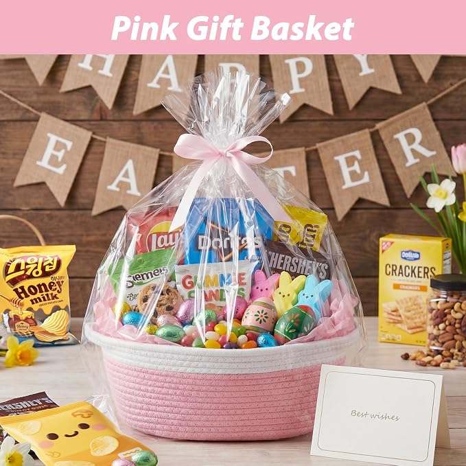 woric Baby Gifts Basket 12 x 8 x 5 in Small Woven Basket Rope Baskets | Soft Cotton for Wedding Gifts Empty Baby Shower Toy Storage Girls Birthday (Pink with Gift Bag Card Ribbon Tissue Paper)