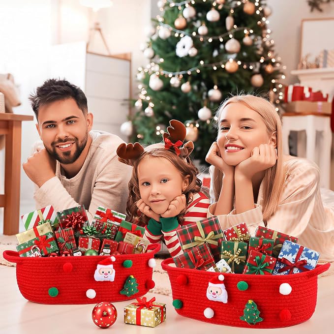 FoldTier 6 Pack Christmas Gift Basket Empty 15 x 9.9 x 5.1 Inch Santa Red Christmas Storage Bin with Handles, Woven Cotton Rope Basket for Gifts Holiday Treats Party Supplies, Home Xmas Decorations