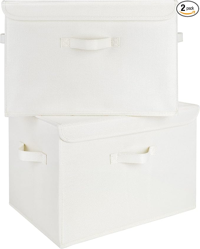 GRANNY SAYS Memory Keepsake Storage Box, Fabric Storage Bins with Lids | Flip-Top Lid, Collapsible, Stackable, 3 Handles, Ideal for Closet Clothes Blanket Toys, Extra Large, Ivory White, 2-Pack