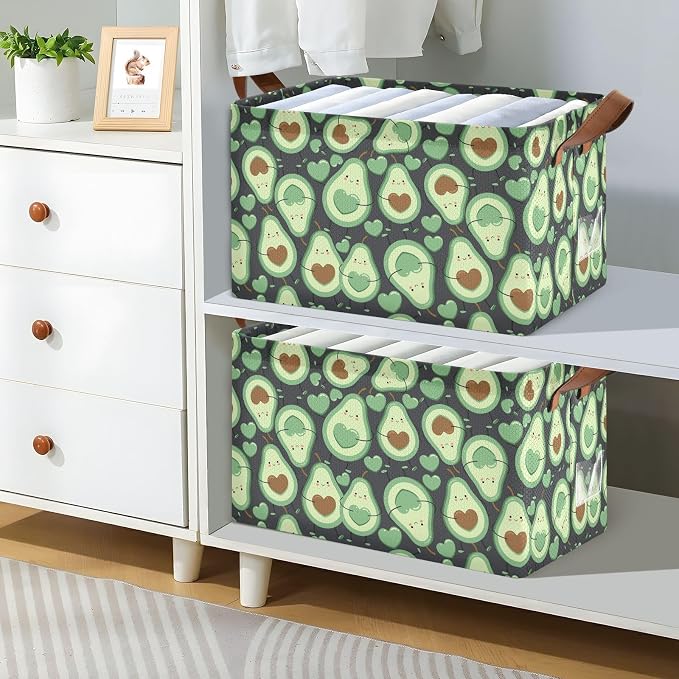 Avocado Green Happy Fruit Storage Bins for Shelves with Labels&Handles Fabric Organizer Bin Foldable Rectangle Storage Basket Boxes for Closet, Bathroom, Home, Living Room