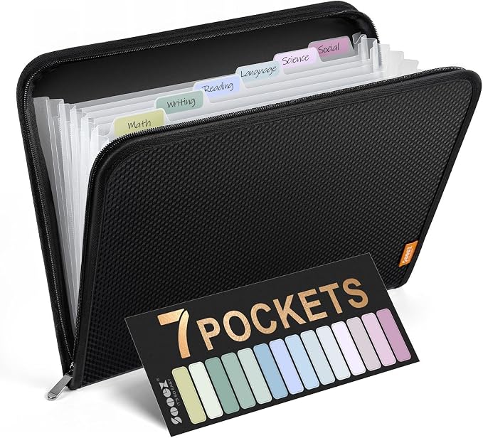 Sooez 7 Pockets Accordion File Organizer, Zipper Expanding File Folder A4 | Reinforced Plastic Accordion Folder Organizer, A4 Letter Size, Portable Folders for Documents, School Office Supplies, Black