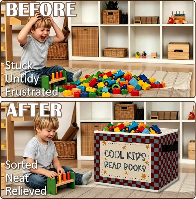 Kids Classroom Book Cube Storage Bins with Handles, Cool Kids Read Books Checkered Collapsible Fabric Storage Basket Boxes Books Clothes Organizer for Girls Boys Reading Room Bedroom