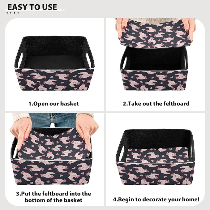 Emelivor Cute Axolotl Heart Black Storage Basket Bins Set (2pcs) Felt Foldable Storage Bins with Fabric Rectangle Storage Organizing Baskets for Office Bedroom Closet Babies Nursery