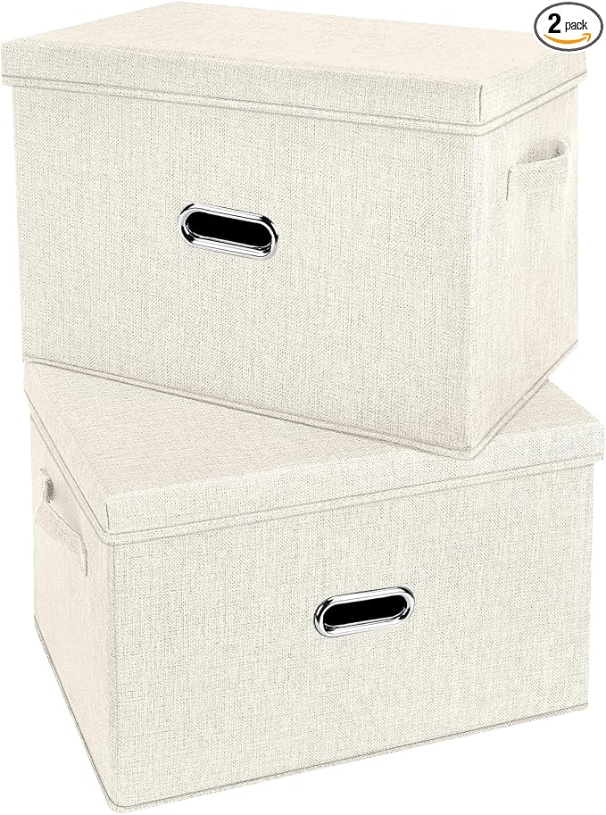 Large Linen Fabric Foldable Storage Bins with Removable Lid and Handles, Washable Storage Box Organizer Containers Baskets Cube with Cover for Bedroom,Office(Cream, Medium(2-Pack))