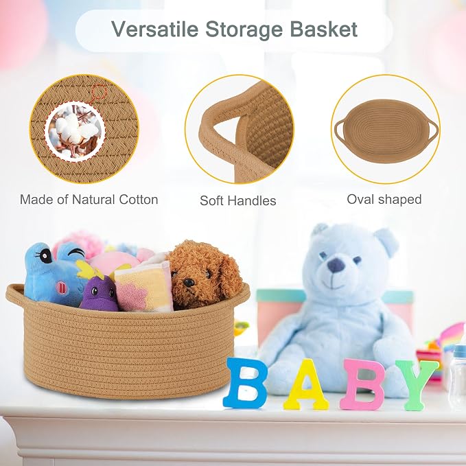 COMSE Empty Small Gift Basket with Bag & Ribbons, Camel | Cotton Rope, 12"x 8"x 5", Baby Toy Organizer, Stores Small Items for Bedrooms, Nurseries, Bathrooms, Living Rooms, Offices