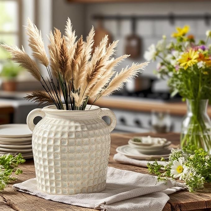Rustic Ceramic Utensil Holder, 6.7" Kitchen Cooking Utensil Holder | Utensil Organizer Crock with Handle for Kitchen Counter, Vintage Farmhouse Home Decor, Flower Pot, Countertop Spoon Tools