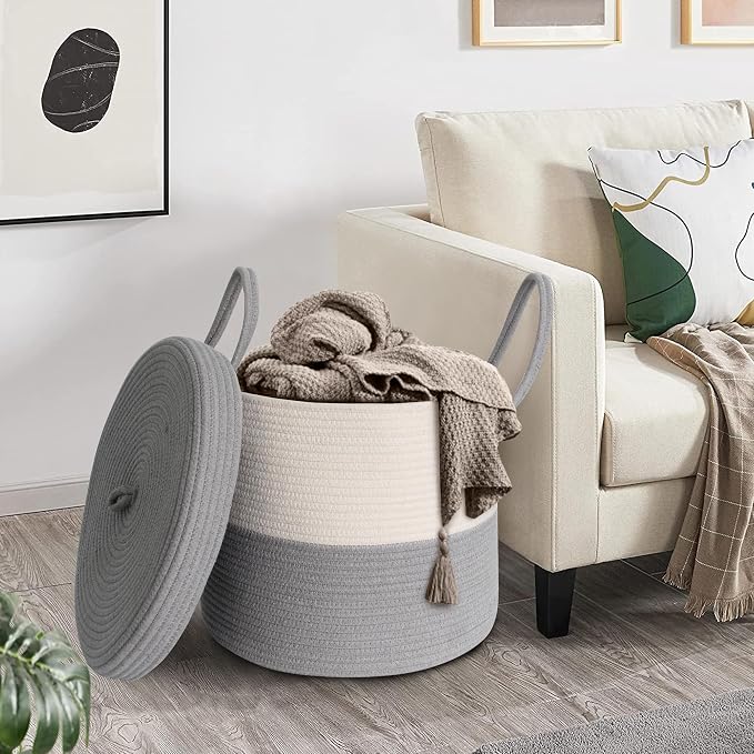 Storage Basket with Lid, Blanket Basket Living Room, Large Woven Cotton Rope Baskets for Storage, Kids Toy Storage Bin, Wicker Laundry Basket, Blankets Pillows Organizer Holder,15"x13", Gray