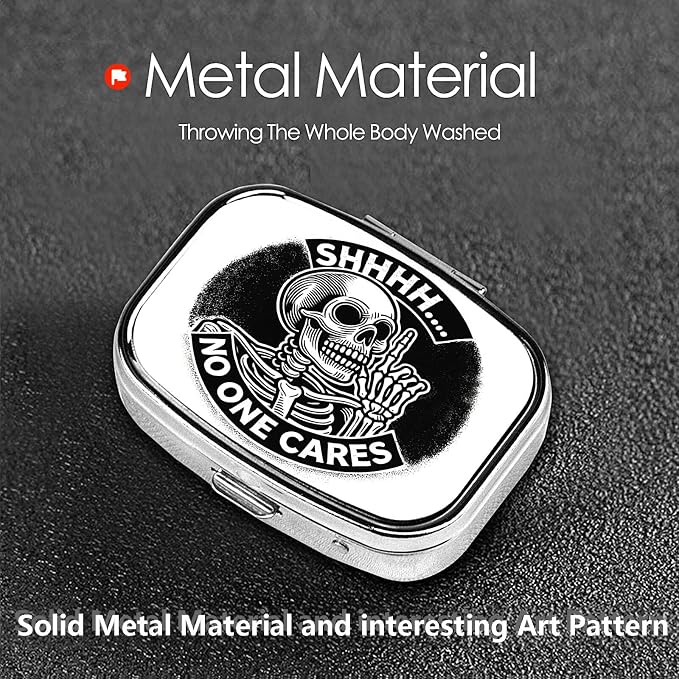 ABLESKY Pill Box, 2 Compartment Pill Organizer Case for Pocket or Purse, Small Portable Metal Travel Medicine Box with Mirror, Daily Vitamins Fish Oil Container-Funny Skull No One Cares