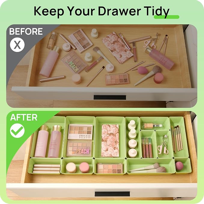 Vtopmart 25 Pack Plastic Drawer Organizers with Non-slip Rubber Pads | 4-Size Versatile Makeup Organizer, Storage Containers Small Bins for Makeup, Jewelries, Bedroom, Kitchen Utensils and Office
