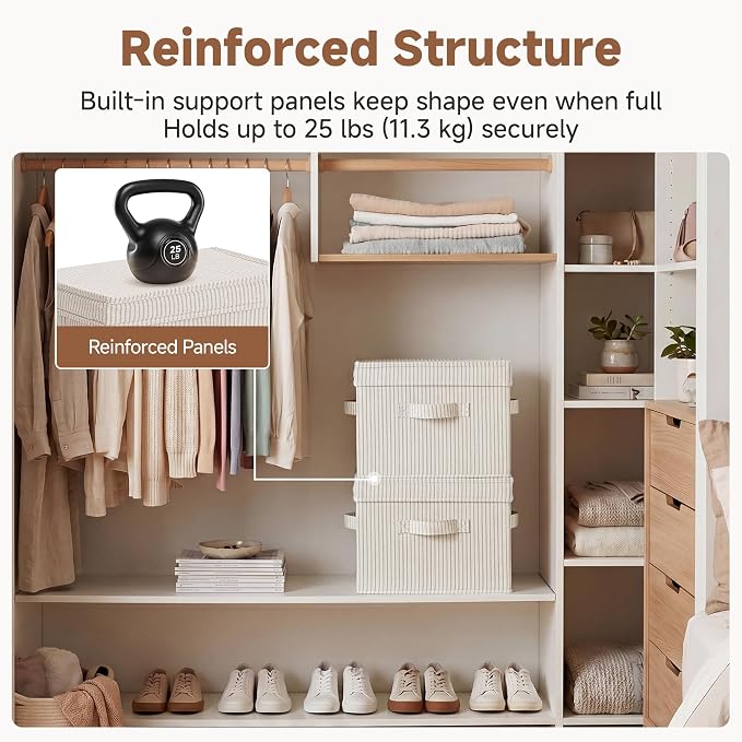 StorageWorks Fabric Storage Bins with Lids, Closet Storage Bins | Flip-Top Lid, 3 Handles, Collapsible, Stackable, for Clothes Blankets, Multi-Purpose, Medium, Khaki and Beige Stripes, 2-Pack