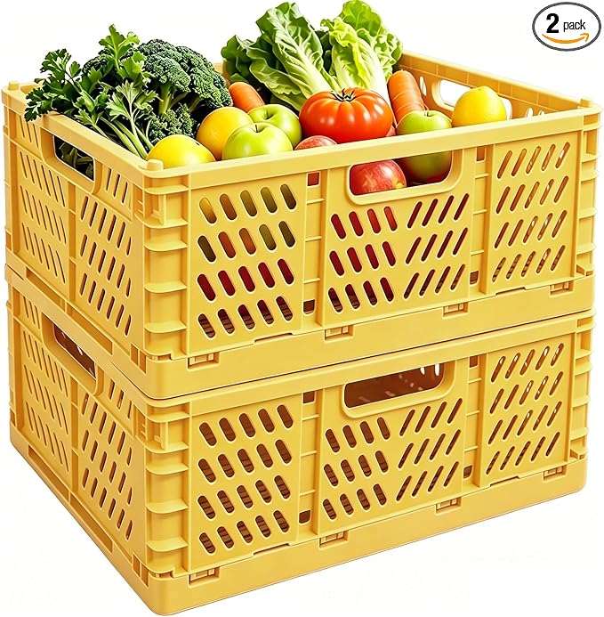 Tobeso-Nuoze 2 Pack Pastel Plastic Storage Baskets-20L Space-Saving Bins | Plastic Collapsible Storage Crates Foldable Plastic Crates for Storage Collapsible Crates for Organizing (Yellow)
