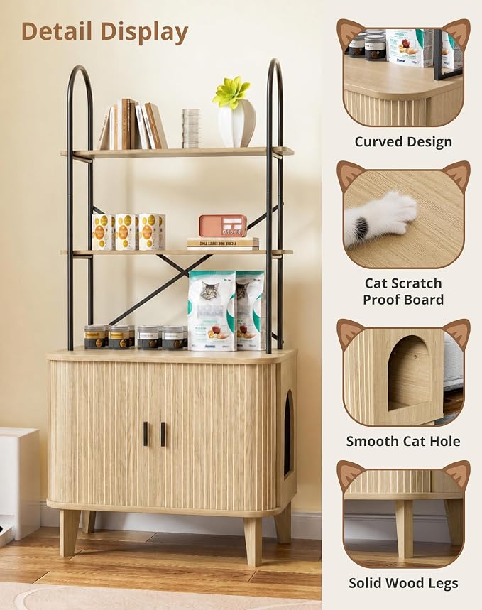 Cat Litter Box Enclosure Furniture,Hidden Litter Box Furniture Fit Most of Litter Boxes,Cat Washroom Cabinet and Pet House with Metal Frame for Living Room, Oak