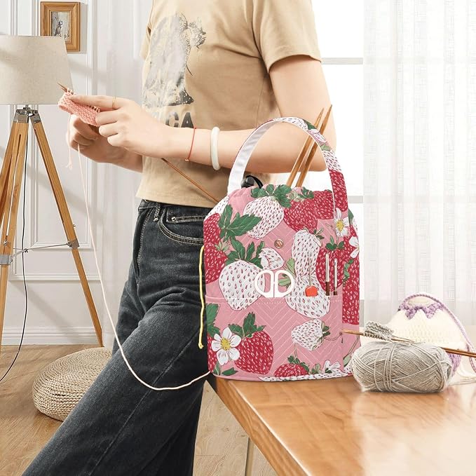 Tatenale Crochet Bag Yarn Bag Knitting Project Bag with Pockets and Handle Portable Yarn Storage Organizer Tangle Free 8.3x11 InchPink White Strawberries Flowers25