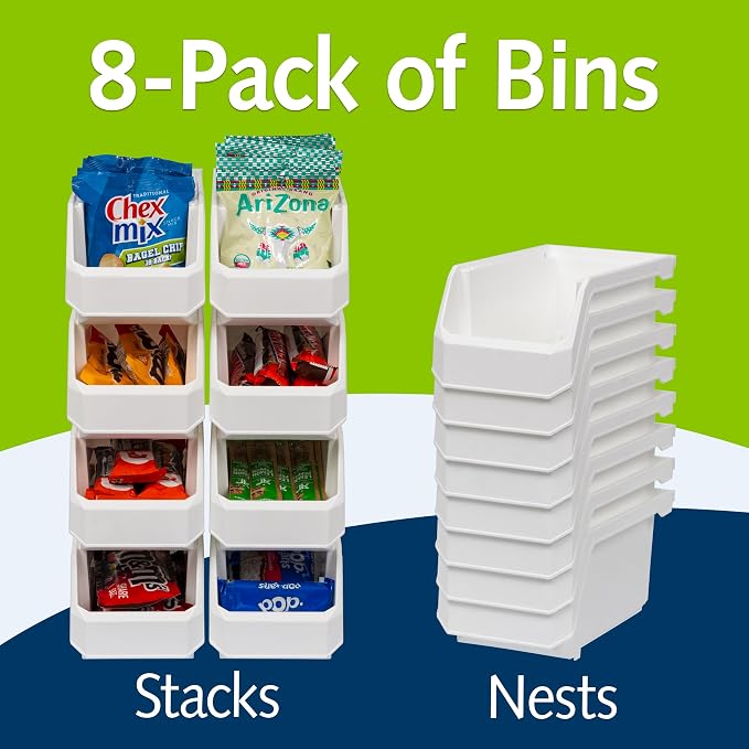Medium Stackable Plastic Storage Bins, 8-Pack, White | Open-Front Stackable Bins For Garage, Pantry, Closet & Office, 11"L X 5,5"W X 5"H, Nests When Empty, Durable Plastic,