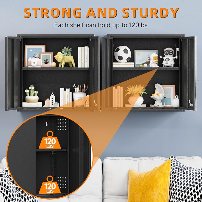 Garage Wall Cabinet with 2 Doors, Metal Wall Cabinet with Lock | 26''H Wall Mounted Cabinet, Lockable Floating Tool Cabinet, Steel Storage Cabinet for Kitchen,Office,Garage,Laundry,Warehouse