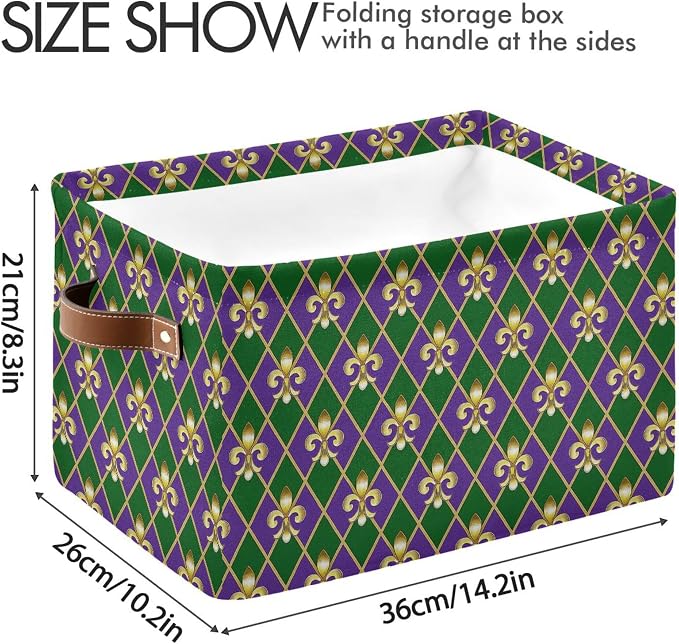 Happy Mardi Gras Green Purple Storage Basket with Waterproof Liner and PU Handles Fleur de Lis Buffalo Plaid Storage Bins Boxes 14.2" Collapsible Decorative Organizer Baskets for Bedroom Office 1 Pack