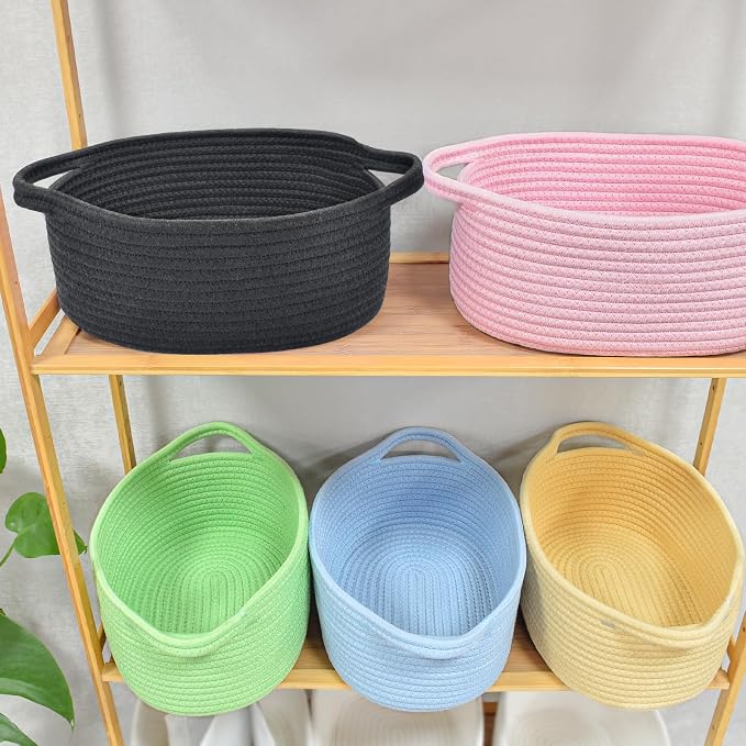 ABenkle Small Basket with Handles, Boho Decorative Rope Woven Dog Cat Toy Storage Bin Shelf Storage Organizer, Easter Christmas Gift Basket, 12"x8"x5", Black
