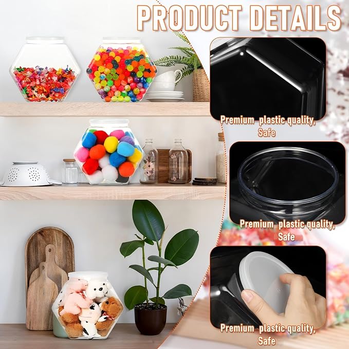 EBOOT 4 Pieces 1 Gallon/ 129 oz Plastic Candy Cookie Jars Large Hexagon Cookie Jar Bulk with Lid Clear Candy Containers for Kitchen Counter Laundry Pod Storage Container Dry Food Dog Treats Craft