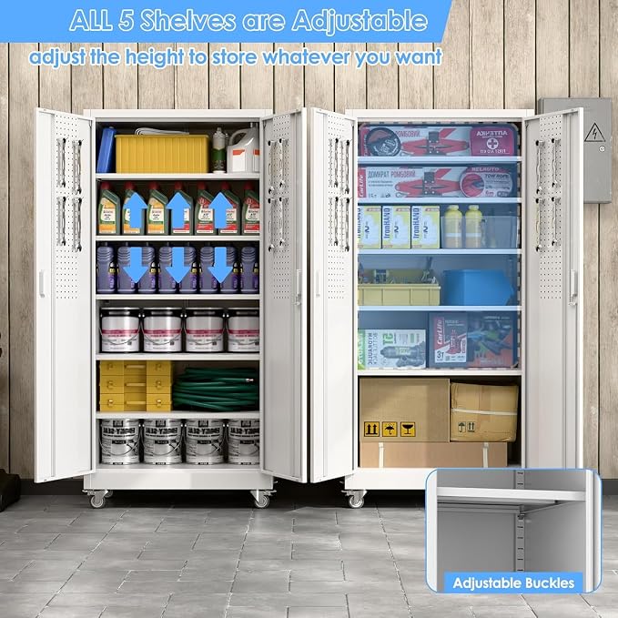 Reemoon 71-Inch Metal Garage Storage Cabinet with Wheels, White | 18 x 34 x 71 in rolling steel cabinet with 5 adjustable shelves, pegboard, locking doors, and 4 casters; assembly required.