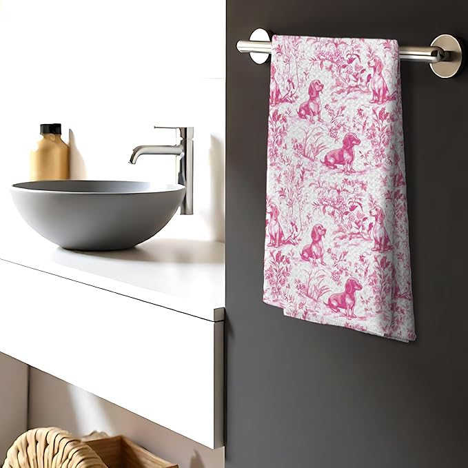 Pink Chinoiserie Golden Retriever Kitchen Towels, Pink Floral Golden Retriever Decorative Dish Tea Towels, Grandmillennial Botanical Dog Hand Towels for Kitchen Bathroom, 16x24 Inch