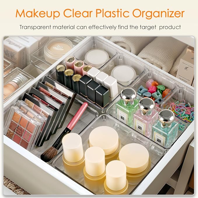 Drawer Organizer, 26 Pack Clear Plastic Drawer Organizer Bins, Versatile Organization and Storage Trays for Kitchen, Bathroom, Vanity Makeup and Office