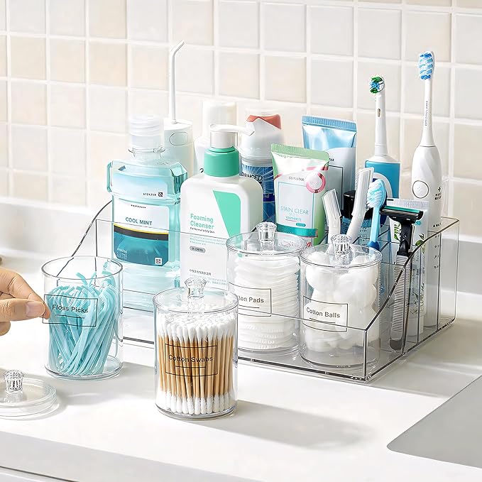 Vtopmart 5 PCS Bathroom Countertop Organizer Sets | 1 Divided Tray, 4 Qtip Holder Jars, Clear, For Toothbrush, Cotton Pads, for bathroom countertop