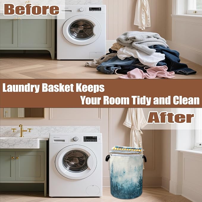 Misty Forest Laundry Baskets,Watercolor Landscape Laundry Hamper,Storage Basket with Handles for Bathroom Bedroom College Dormitory Living Room Nursery Organizer 16"x20.8"