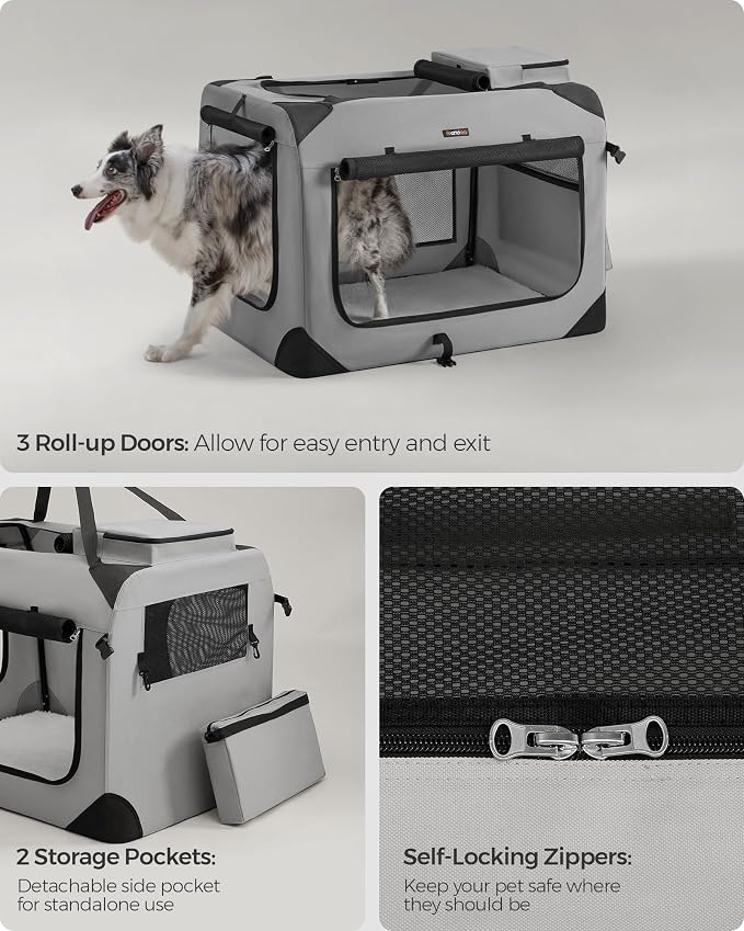 Feandrea Collapsible Soft Dog Crate, Portable Travel Carrier, 32 Inches | Dog Kennel with Safety Zippers, for Indoor and Outdoor Use, Smoke Gray, UPDC090G02
