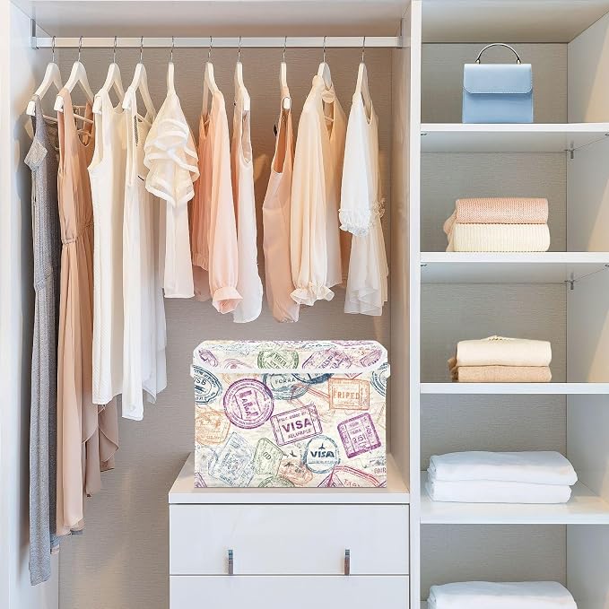 Passport Stamp Fabric Storage Bins with Lid Foldable Storage Boxes Baskets | Decorative Storage Boxes, Foldable & Stackable, Dust-Proof Flip Top, Reinforced Handles, For Home & Dorm, Clothes & Toy Box