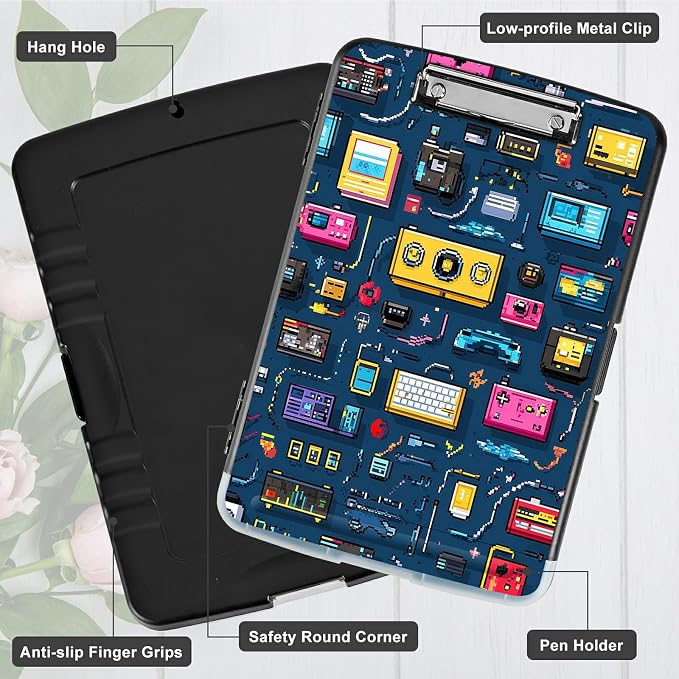 A4 Clipboard with Storage Pen Holder, Clipboards Organizer Nursing Clipboard Foldable File Folder Plastic Clipboard Folio Clip Board for Office Work Classroom Doctor, Retro Radio