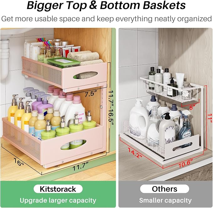 Under Sink Organizer, 1-Pack Pull Out Cabinet Organizer 2 Tier Metal Slide Out Storage Shelf Rack, L-Shaped Adjustable Height,Mesh Sliding Drawer for Kitchen, Bathroom, Laundry, Pantry, Pink, XL
