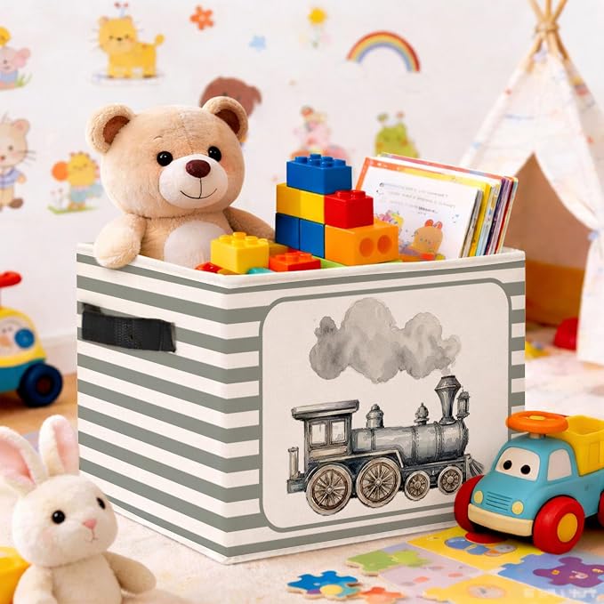 Train Storage Bin, Foldable Fabric Basket for Bedroom Nursery | Foldable fabric storage bin with vintage train design for toys, books, clothes, nursery, bedroom, and playroom organization.