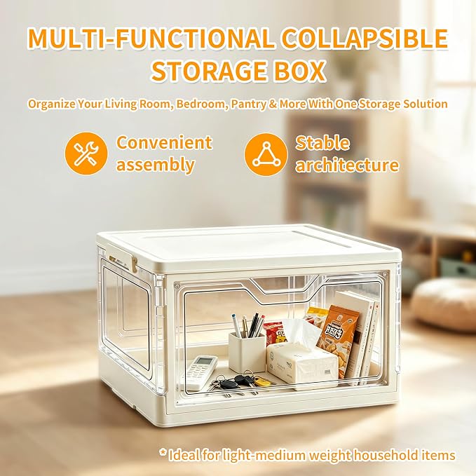 Collapsible Storage Bins with Lid, Clear Stackable Organizer Box, 15.35" x 11.02" x 8.66", for Clothes, Books, Snacks (1-Tier)