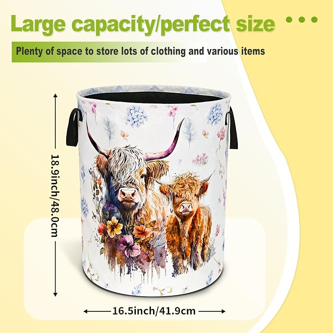 Highland Cow Laundry Basket Foldable Waterproof Cattle Hamper 18.9x16.5 In | Oxford Cloth With Reinforced Handles Lining Design Large-Capacity Storage For Bathrooms/Laundry Rooms/ Living Rooms/Bedrooms