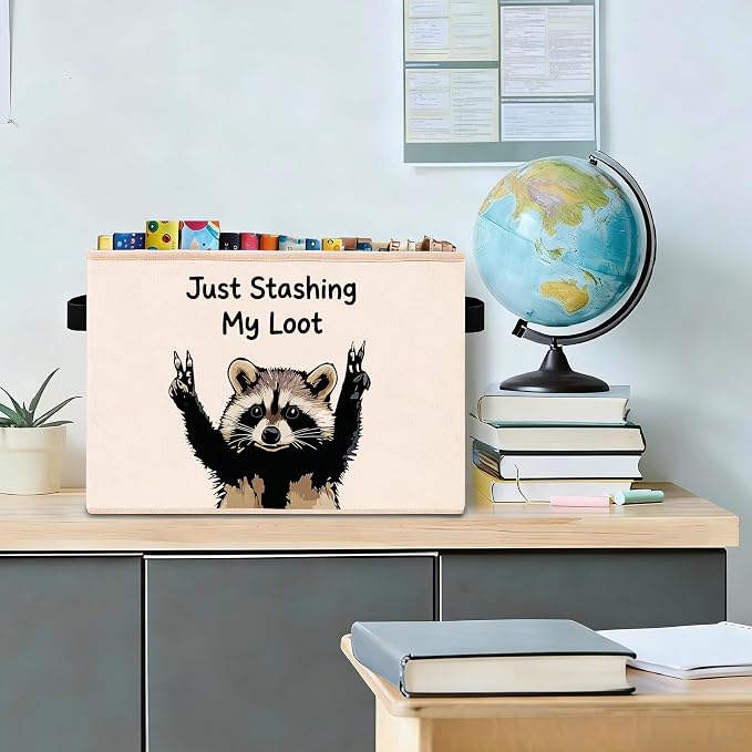 Funny Raccoon Foldable Fabric Storage Bin | Just Stashing My Loot design for kids toys, clothes & books