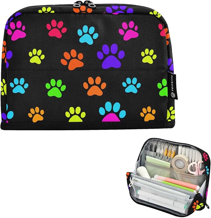 Aslsiy Large Capacity Pencil Case Bright Color Pet Paws (3) Pencil Pouch for Boys Girls Portable Pen Bag Organizer Standing Makeup Bag for School Office Supplies