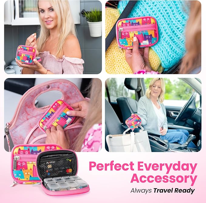 Made Easy Kit Pill Case for Everyday and Travel - 7-Day Weekly Medicine Supplement Vitamin Organizer Sorter Tracker - Neoprene Bag with Pockets - Compact Portable 8 Compartments (Multicolor Cats)