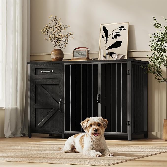 Spacesea 30" Dog Crate Furniture with Storage Drawers and Cabinet, Wooden Farmhouse Dog Kennel Indoor with 900lbs Capacity Steel Frame, Built-in Power Outlets