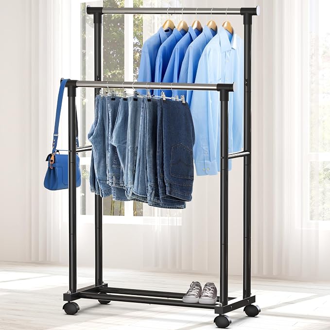 Simple Houseware Double Rods Clothing Hanging Rack on Wheels, Black | Metal Rolling Garment Rack