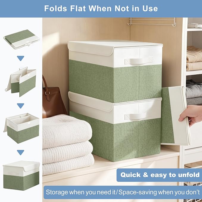 Large 22 Quart Linen Fabric Foldable Storage Bin Cube Organizer Basket with Flip-Top Lid & Handles, Clothes Blanket Box for Home, Office, Closet, Green & White, 4 Pack 14.6 x 9.5 x 9.5