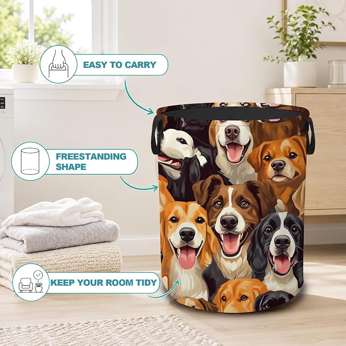 Cute Puppy Dog Faces Dirty Clothes Hamper,Foldable Laundry Basket with Handles,Pet Lover Waterproof Oxford Cloth Storage Bin for Bedroom Bathroom Nursery,16 x 20 Inch